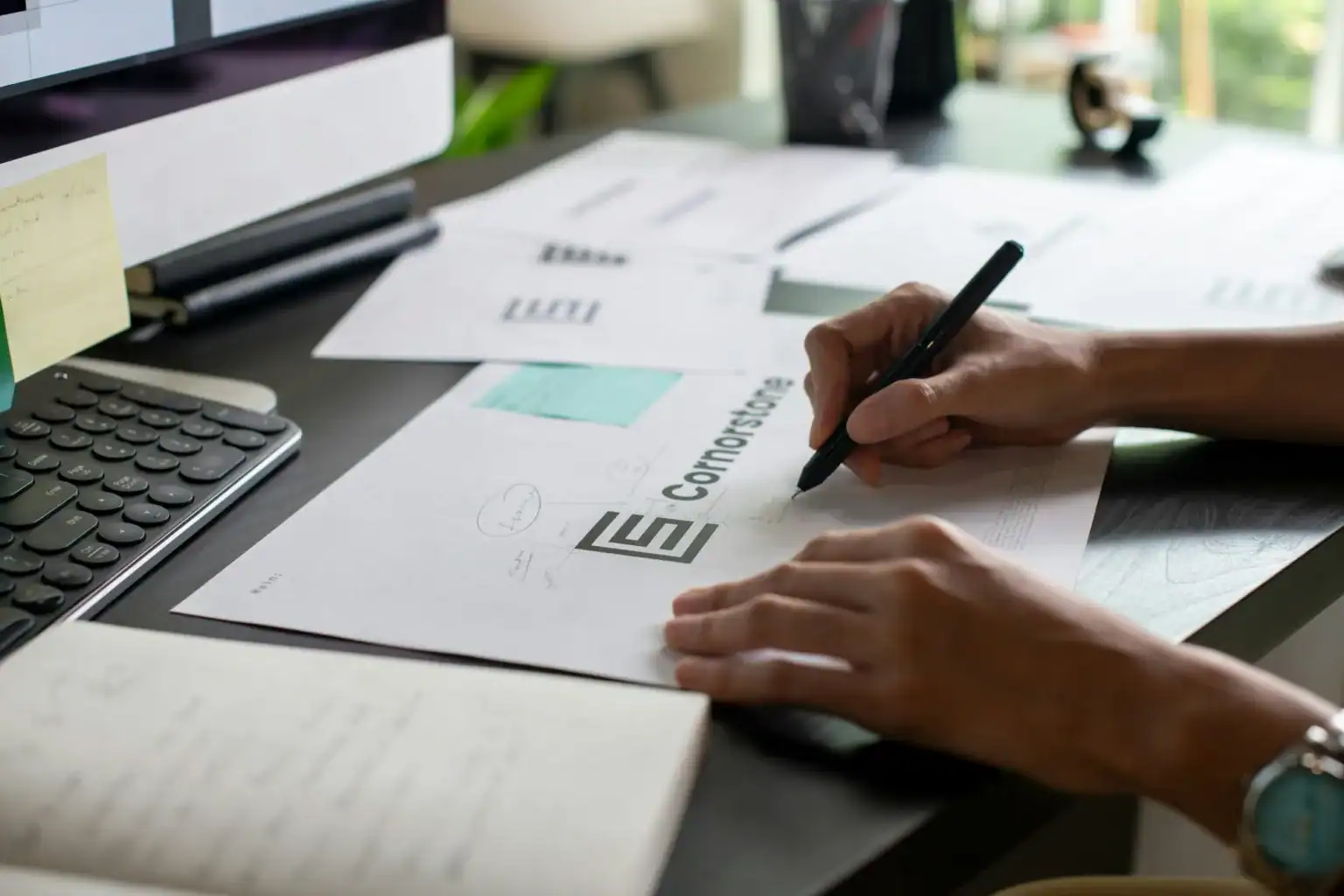 Graphic designer drawing logo sketches at a desk – logos and brand assets should be made by people