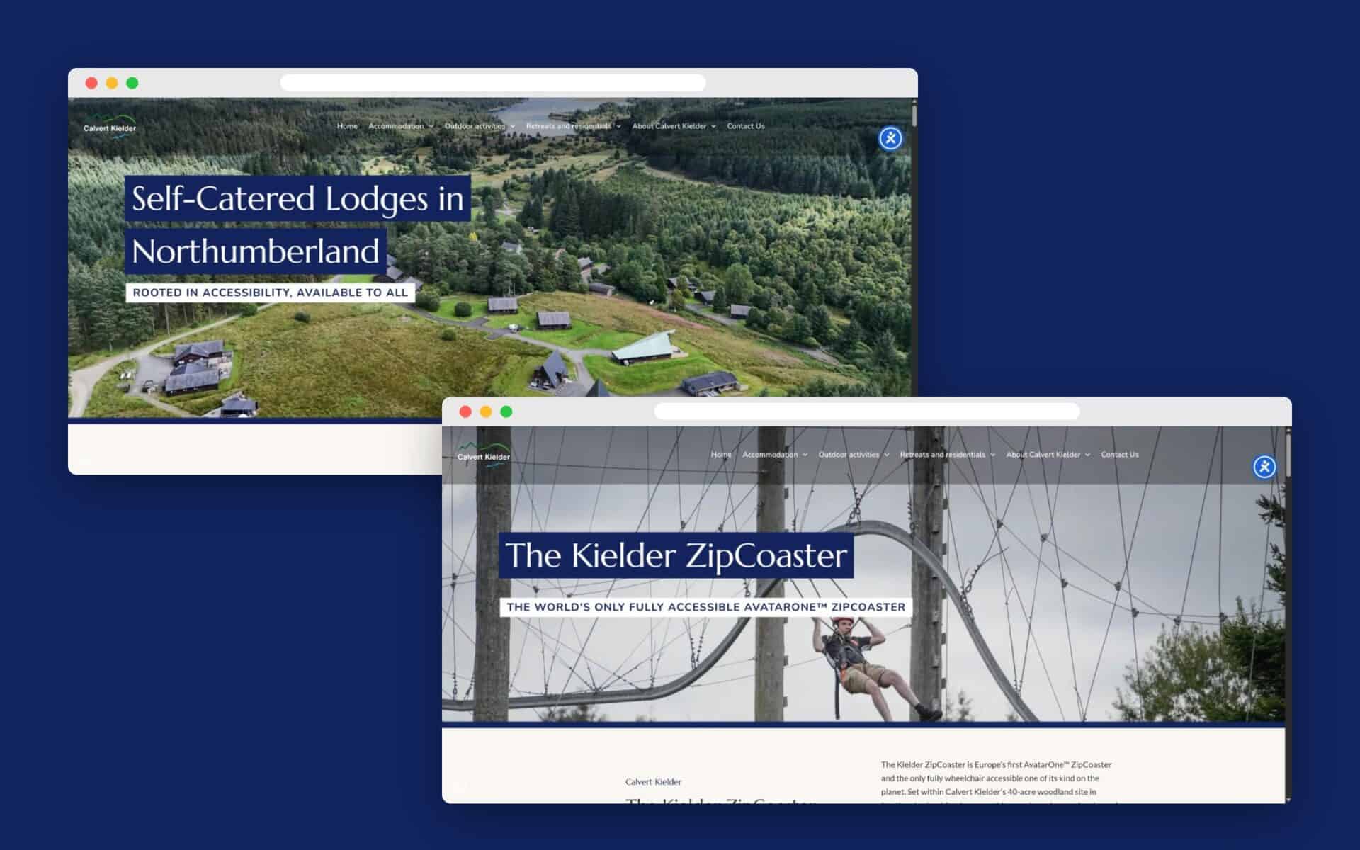 Calvert Kielder website on desktop – self-catered lodges and Kielder ZipCoaster pages