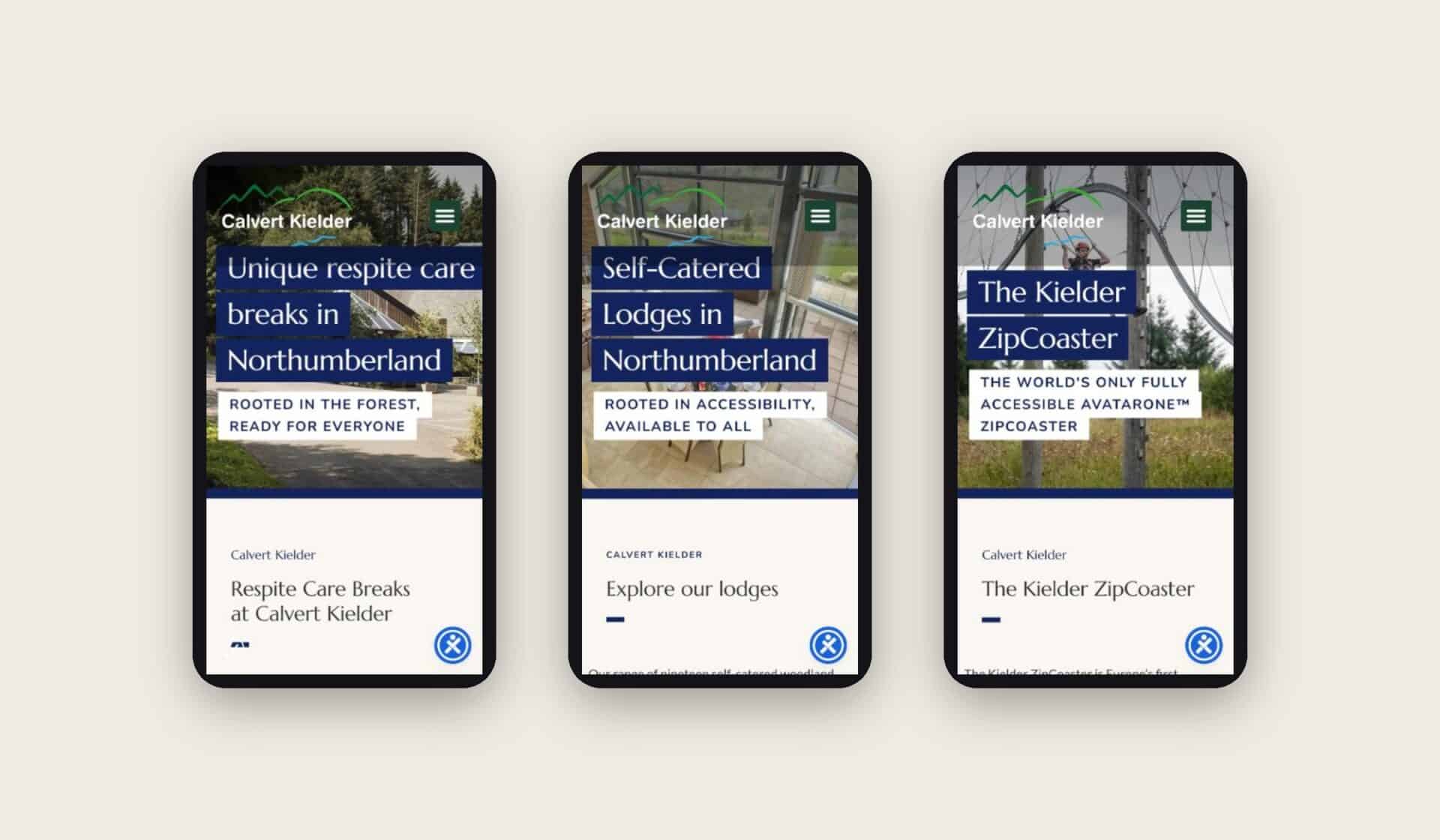 Calvert Kielder website on mobile – respite care, lodges and ZipCoaster pages